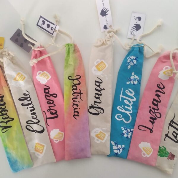 Kit Canudo Bolsa Algodão Pintado à Mão 